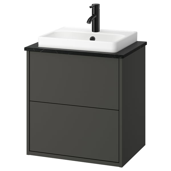 HAVBÄCK lavabo scuro a parete grigio con lavello rettangolare bianco, design moderno ed elegante.