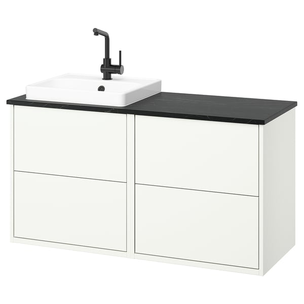 Mobile lavabo bagno moderno bianco con piano in marmo nero.