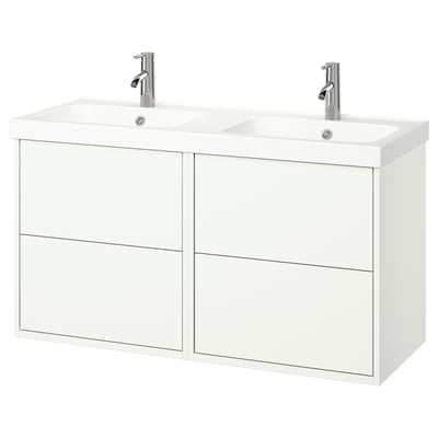 Vanity doppio lavabo bianco, design moderno, a parete, rubinetti cromati.