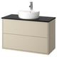 Mobile bagno moderno beige chiaro, sospeso con lavabo arrotondato e rubinetto cromato.