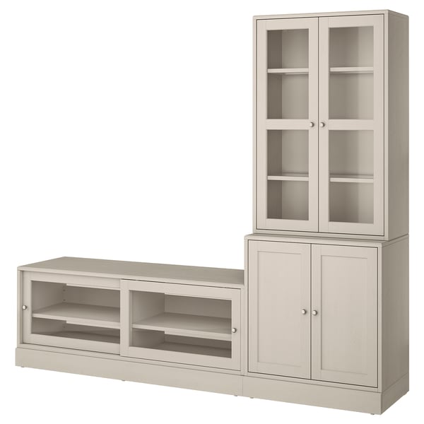 HAVSTA panca tv beige, mobile, armadio con ante in vetro pino finitura rustica