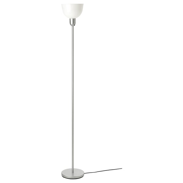 Lampada da terra HEKTOGRAM - bianco e argento, design semplice con paralume e interruttore lucidi