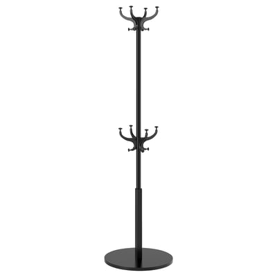 Un appendiabiti HEMNES nero con base rotonda e ganci multipli per appenderlo.