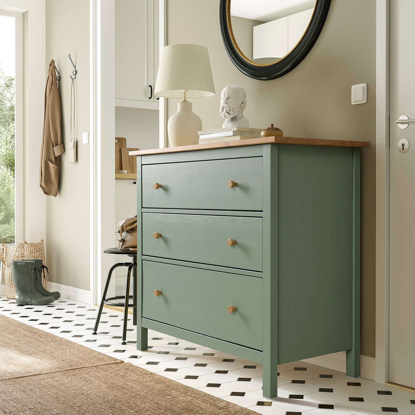 HEMNES cassettiera con cassetti, grigio-verde/mordente marrone