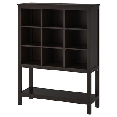 Libreria in legno HEMNES nera, rettangolare con contenitore a giorno.