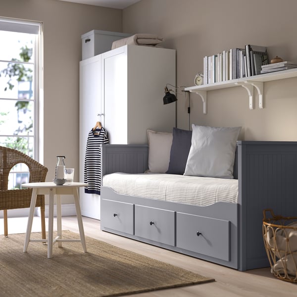 HEMNES letto divano/3 cassetti/2 materassi, grigio/Åfjäll rigido