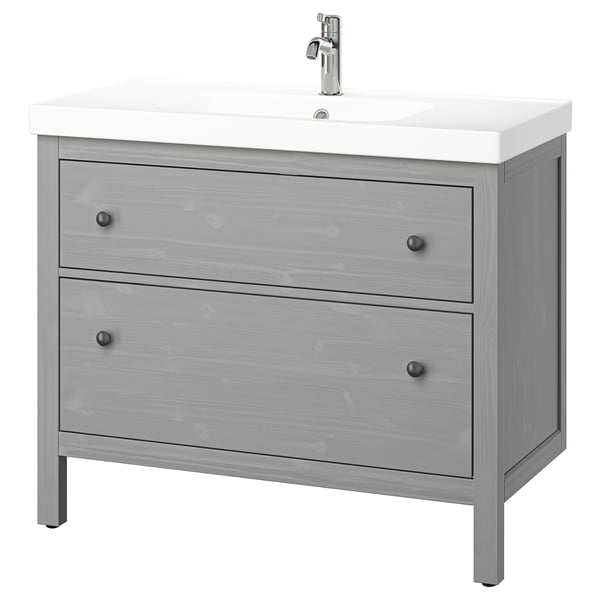 Lavabo moderno grigio a 3 cassetti, finitura in legno, linee pulite, lavabo in ceramica, rubinetteria cromata.