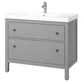 Lavabo moderno grigio a 3 cassetti, finitura in legno, linee pulite, lavabo in ceramica, rubinetteria cromata.