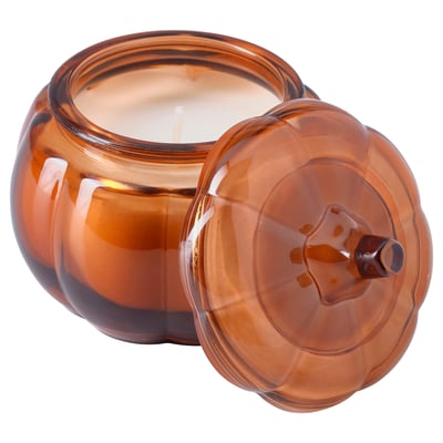 Candela a forma di zucca in vetro marrone con coperchio, design strutturato.