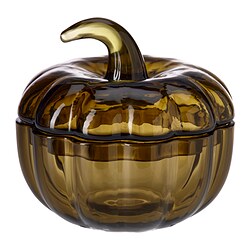 Un contenitore in vetro marrone a forma di zucca con coperchio e manico a stelo, progettato per l'arredamento autunnale.