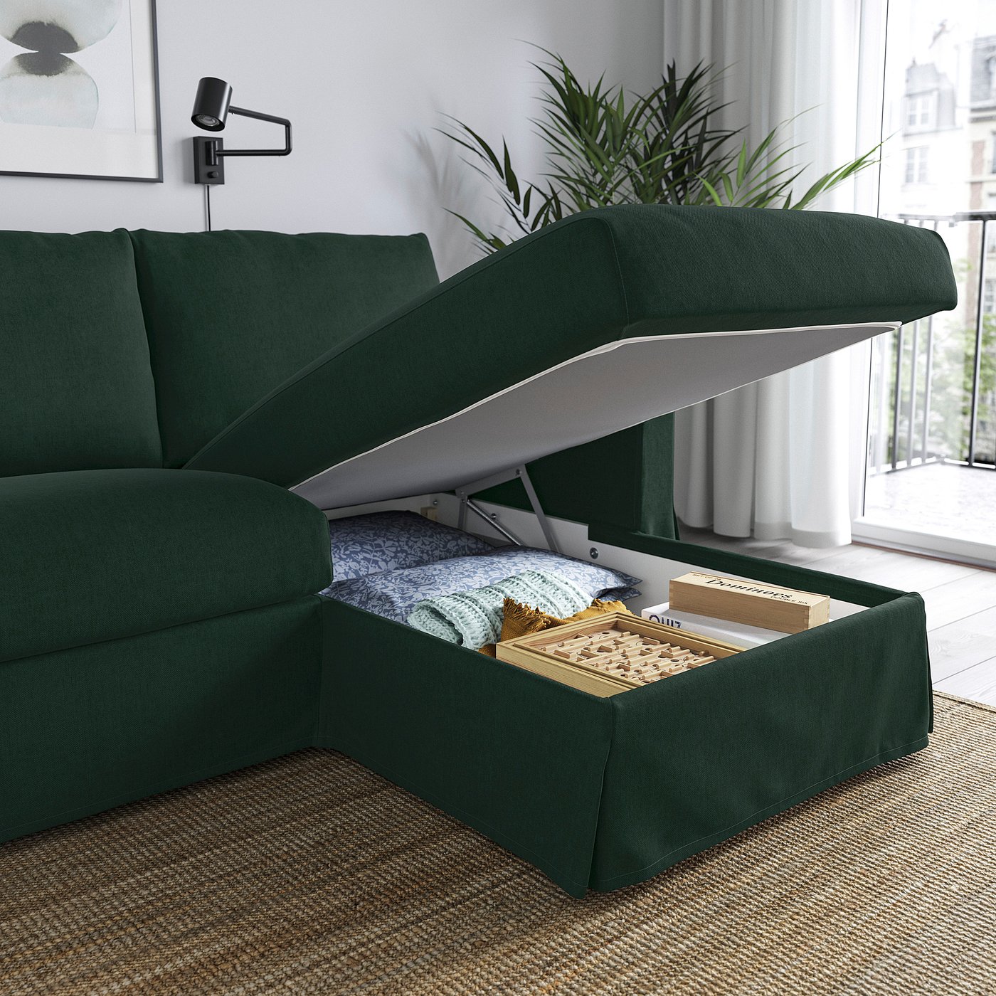 HYLTARP divano a posti/chaise-longue, dx, Tallmyra verde scuro