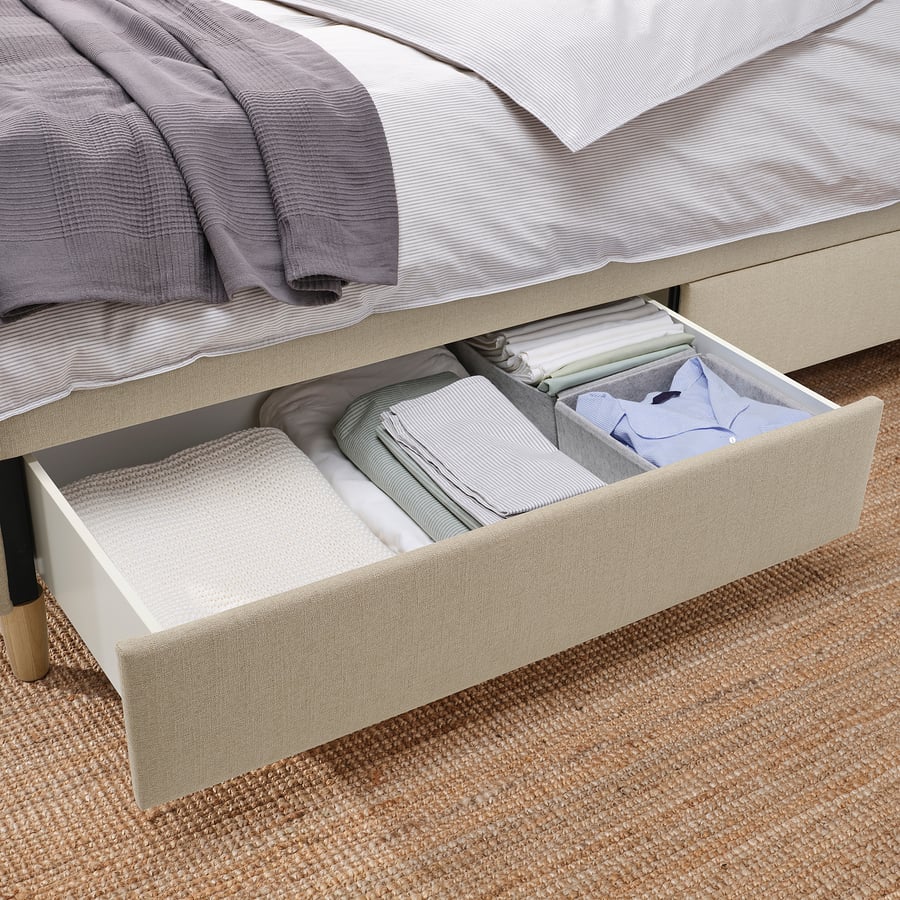 Letto Matrimoniale 160x200 Cm Capitonné Beige, Con 3 Cassetti Contenitori, Telaio In MDF E Metallo, Tessuto Lino