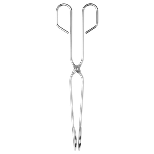 Un paio di pinze in metallo color argento. Ha manici lunghi e punte curve, progettati per cucinare e servire i cibi.