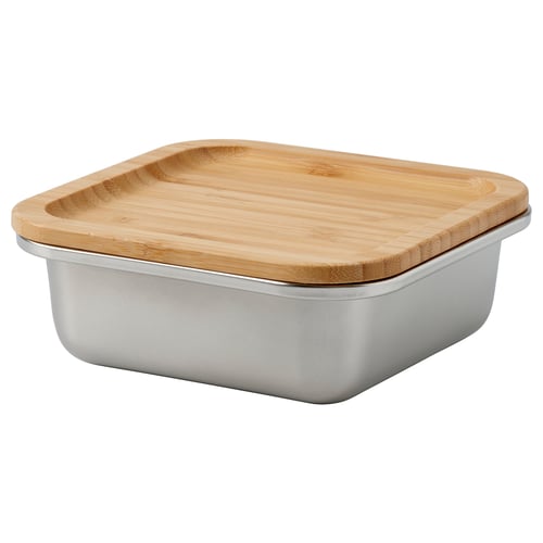 Contenitore per alimenti IKEA 365+ in acciaio inox con coperchio in bambù. Design rettangolare ed elegante. Ideale per conservare e riscaldare gli alimenti.