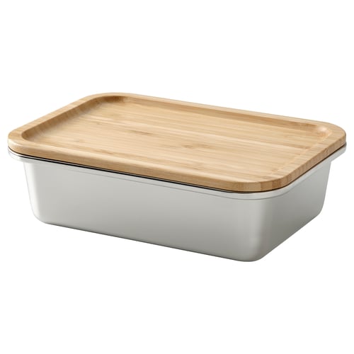 Contenitore per alimenti IKEA 365+, bianco, acciaio inox e bambù, rettangolare, coperchio ermetico.