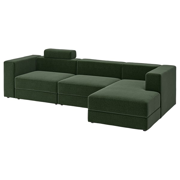 JÄTTEBO Divano comp 4 posti/chaise-longue, destro con poggiatesta/Johanneshov verde scuro