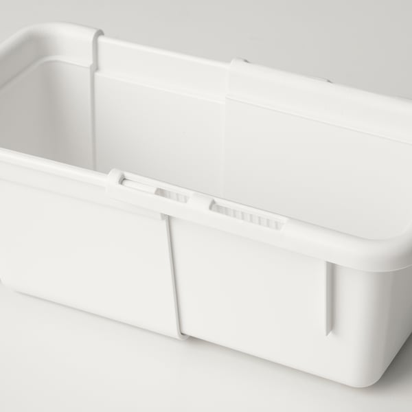 Scatola di immagazzinaggio in plastica bianca, design estensibile, vuota e pulita, mostrata su sfondo bianco.