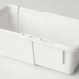 Scatola di immagazzinaggio in plastica bianca, design estensibile, vuota e pulita, mostrata su sfondo bianco.