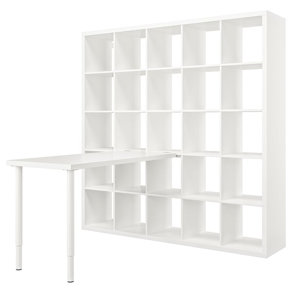 Combinazione di scaffale e scrivania KALLAX bianco: 16 cubi, piano del tavolo regolabile, design moderno e minimalista.