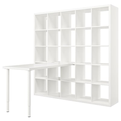 Combinazione di scaffale e scrivania KALLAX bianco: 16 cubi, piano del tavolo regolabile, design moderno e minimalista.