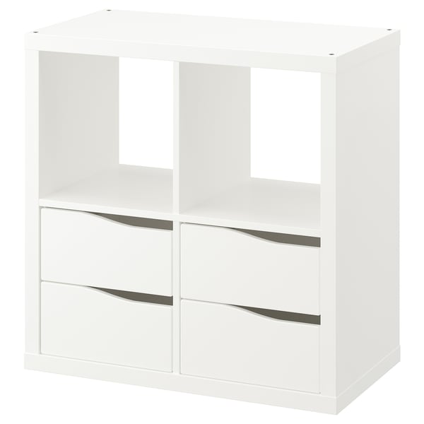 Mensola a cubo KALLAX bianca, 4 scomparti, 2 cassetti, design minimalista.