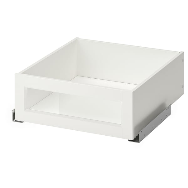 Cassetto KOMPLEMENT bianco con frontale in vetro temperato, ferramenta in metallo a forma di L.