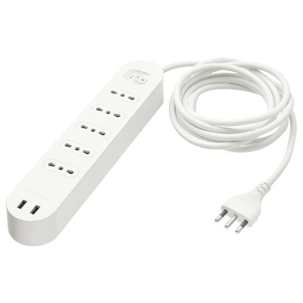 KOPPLA, multipresa bianca, in policarbonato, forma rettangolare a barra con 5 prese e 2 porte usb.