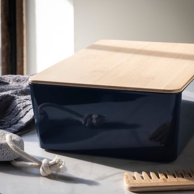 KUGGIS Contenitore con coperchio, blu-nero/bambù, 18x26x8 cm