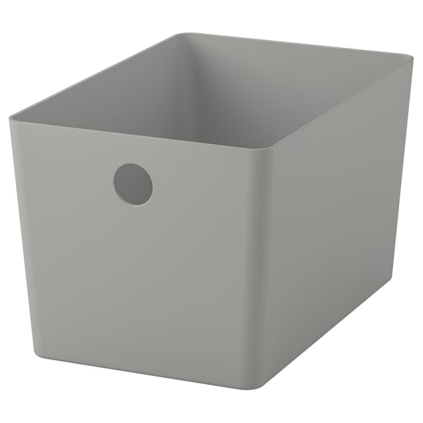 Scatola in plastica riciclata KUGGIS grigia con maniglia per l'organizzazione della scrivania/scaffale.