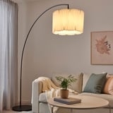 Lampada da terra KUNGSHULT con grande arco, paralume crema, salva spazio, luce soffusa, camera accogliente.