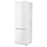 Frigo-congelatore verticale bianco con design senza cuciture e cassetto trasparente nella parte inferiore.