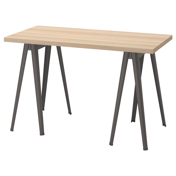 Una scrivania LAGKAPTEN in legno chiaro e nero. Si tratta di un piano rettangolare con gambe angolate in acciaio. Resistente, leggero ed ecologico.