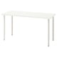 Una scrivania LAGKAPTEN bianca con piano rettangolare e quattro gambe regolabili in metallo. Design moderno e minimalista.
