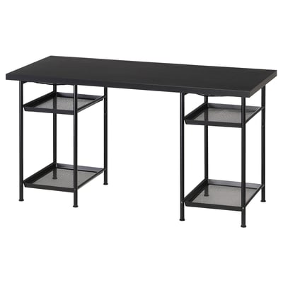 Scrivania rettangolare nera con due ripiani in rete, robusta struttura in metallo. Design moderno e minimalista, ideale per la casa o l'ufficio.