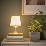 Piccola lampada da tavolo con paralume bianco seduta su una pila di libri. Accanto a una pianta in vaso in una fioriera di cemento, contro un muro con un quadro incorniciato.