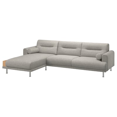 Divano componibile moderno grigio LÅNGARYD dalle linee pulite, dalle forme rotonde e dalle gambe in metallo. Perfetto per rilassarsi con morbidi cuscini e un pouf contenitore.