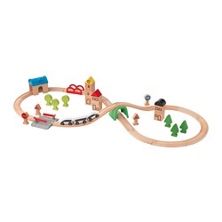 Playset del treno in legno con binari, ponti, tunnel e vagoni. Colori vivaci, alberi, edifici. Incoraggia l'immaginazione.