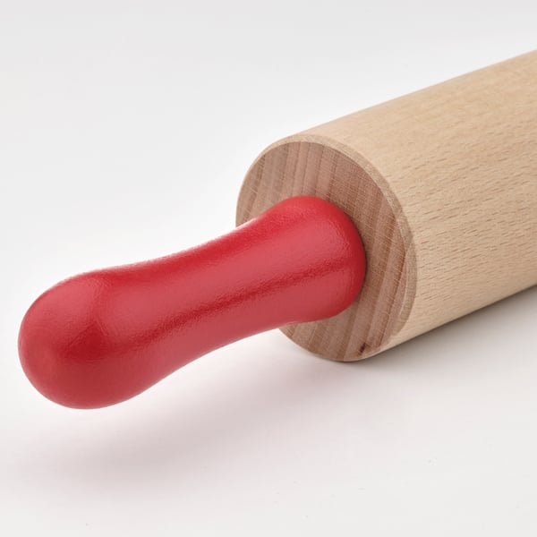 Mattarello in legno con manico rosso. Superficie liscia e di alta qualità per un facile utilizzo. Ideale per stendere la pasta. Corpo in legno di faggio, design resistente.
