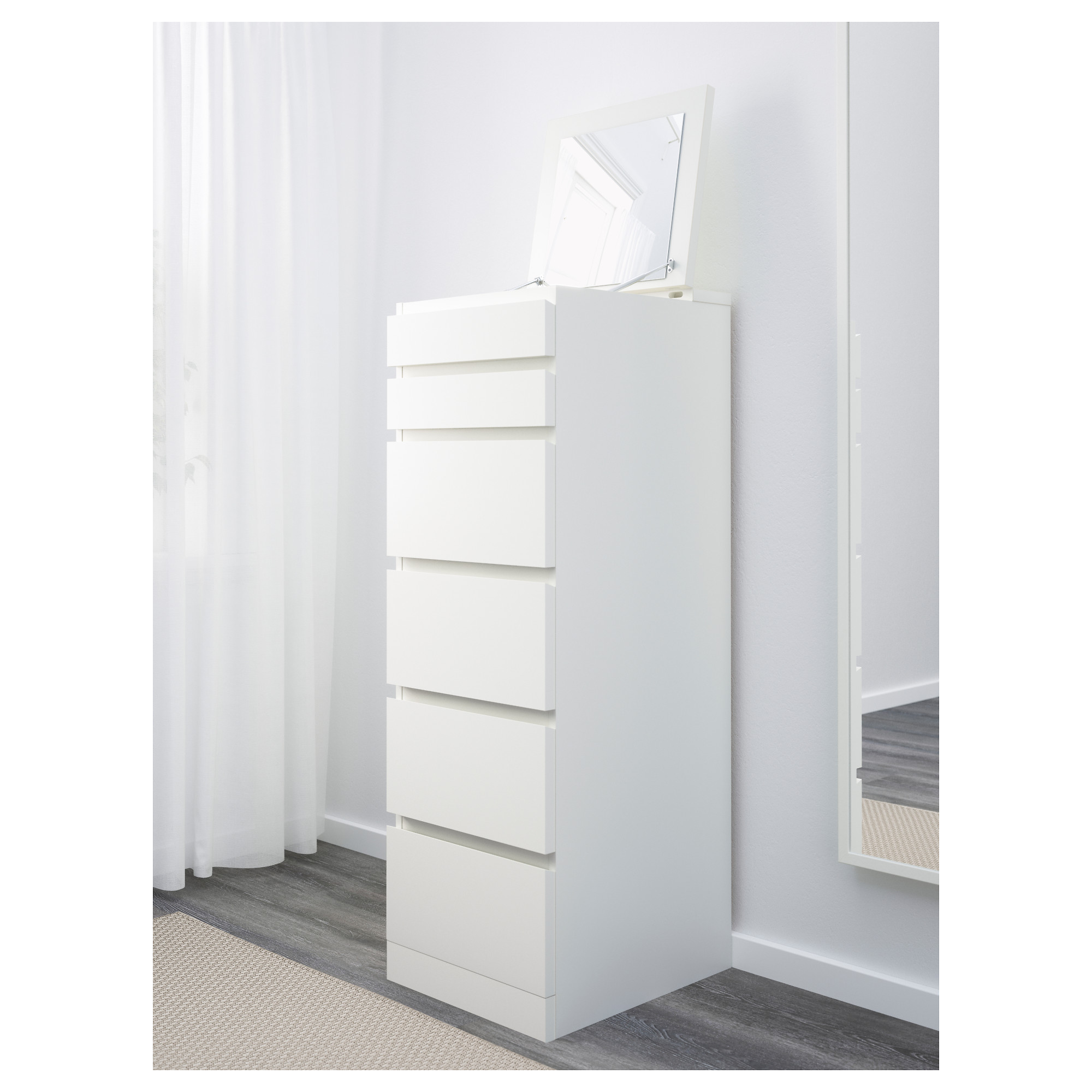 MALM Cassettiera con 6 cassetti, bianco, vetro a specchio, 40x123 cm