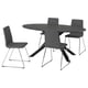 Un moderno tavolo da pranzo ovale nero con tre sedie grigie imbottite abbinate, caratterizzato da un elegante design della base a slitta.