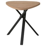 Piano del tavolo in legno con treppiede in metallo nero, design anti-impronta, per piccoli spazi.