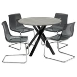 Moderno set da pranzo rotondo con sedie grigie, elegante base del tavolo in metallo e design elegante.