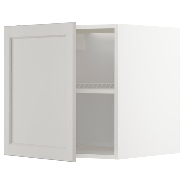 Mobile cucina bianco, design moderno, forma quadrata, anta singola aperta, interno grigio chiaro, ripiano regolabile, bordi smussati.