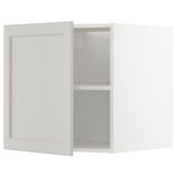 Mobile cucina bianco, design moderno, forma quadrata, anta singola aperta, interno grigio chiaro, ripiano regolabile, bordi smussati.