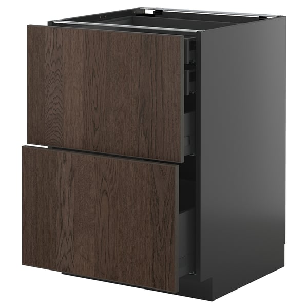 Mobile da cucina moderno in marrone scuro con due cassetti estraibili e un design elegante.