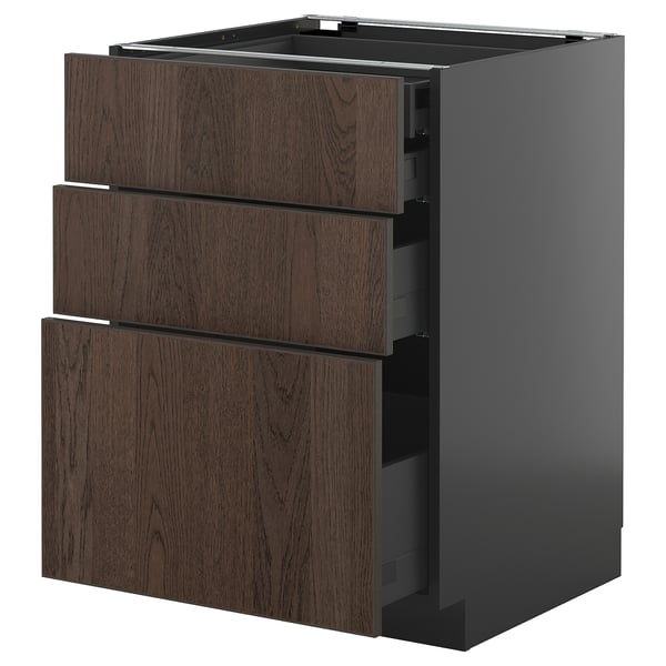 Mobile da cucina in legno testa di moro, base grigia, tre cassetti aperti, design moderno.