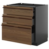 Cucina moderna, 3 cassetti in legno marrone su armadio scuro, maniglie eleganti.