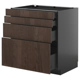 Moderno mobile da cucina in legno marrone scuro con quattro cassetti, elegante cornice nera, cassetti organizzati.
