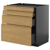 Mobile da cucina nero e legno con cassetti multipli.