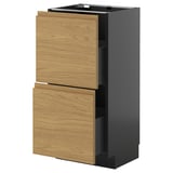 Mobile cucina moderno, base nera, cassetti in legno, finitura rovere, due cassetti, design minimalista.